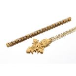 A white and yellow gold bracelet, approx. 23gms; and a silver gilt pendant on chain