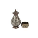 A fine 19th Century Indian copper vase and cover, onlaid with silvered decoration depicting Hindu