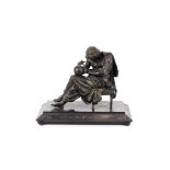 A 19th Century spelter figure of a seated geographer, on carved ebonised plinth, 31cm high x 38cm