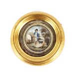 A pair of circular 19th Century miniature paintings, depicting courting couple in landscapes, 6cm