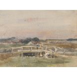 John Bacon, study of bridge over a river, watercolour, information verso, 14.5cm x 19cm