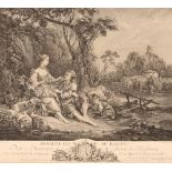 After F. Boucher, "Pensent-ils au Raisin", black and white print, contained in a gilt frame