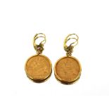 A pair of pendant ear-rings, set George V half sovereigns dated 1910