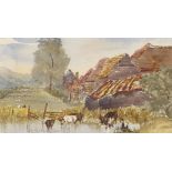 20th Century school, study of cattle in a pond with farm buildings beyond, 10cm x 18cm; and