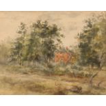 Attributed to Thomas Churchyard, study of a country house through woodland, watercolour, 10cm x