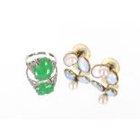 A jade and chip diamond set dress ring; and a pair of turquoise set ear-rings, (2)