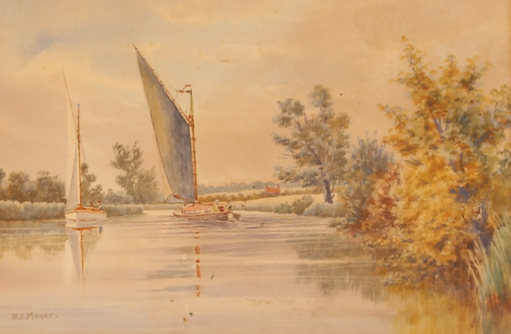 W.E. Mayes, Norfolk Broad studies, a pair, signed watercolours, 22cm x 32cm - Image 4 of 4