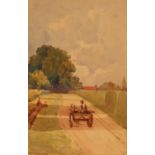 G.W. Collins, study of a figure in pony and trap along a country track, seated figures nearby,