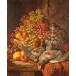 Charles Thomas Bale, still life study of fruit, game and artefacts on a wooden ledge, signed oil