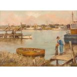 Phylis May Morgans, 1911-2001, Study of a Suffolk harbour scene, signed oil on board, 15cm x 20