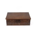 An Antique carved oak bible box, with sloping hinged lid and foliate decoration, iron lockplate