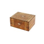 A 19th Century burr walnut and chequer banded writing slope/sewing box, having agate pen and
