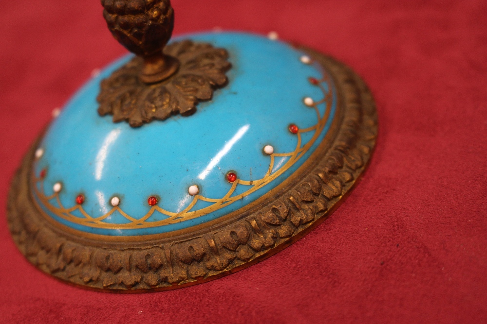 A pair of 19th Century Sevres style gilt metal mounted urns and covers, surmounted by foliate and - Image 4 of 19