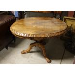 A Victorian oval rosewood breakfast table, raised on turned baluster column and triple carved splay,