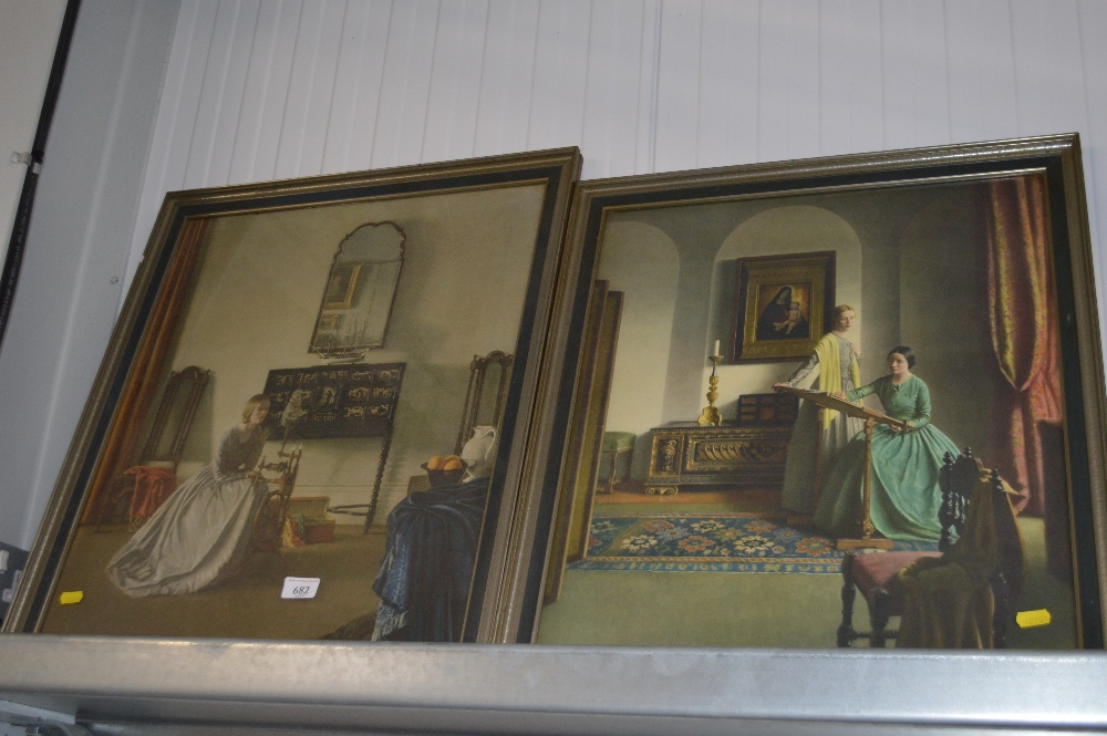 Two coloured prints depicting interior scenes