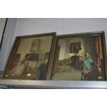 Two coloured prints depicting interior scenes