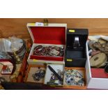 A box containing various costume jewellery; pen kn