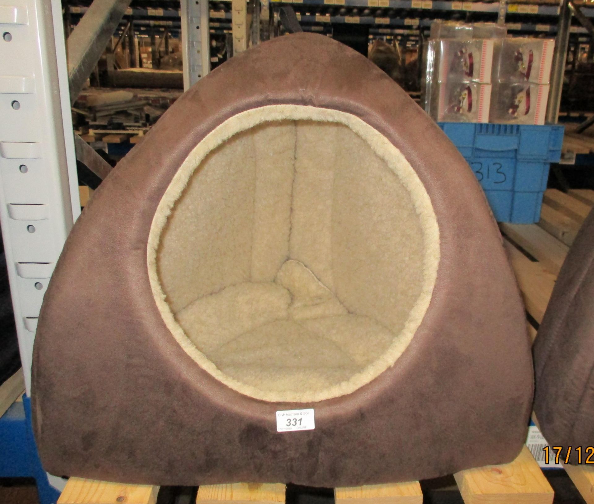A brown and beige fleece lined dome cat bed by Lucky Pet