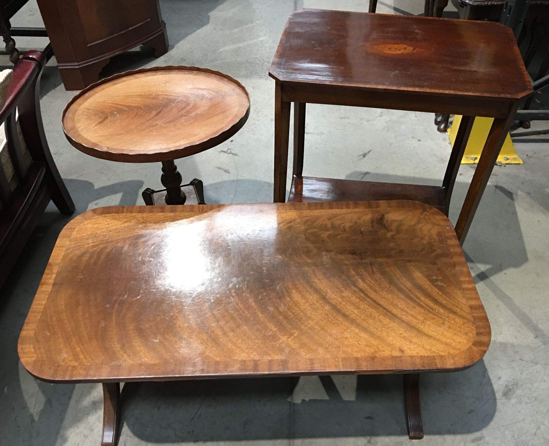 Three items - a mahogany two tier side table with shell inlay,