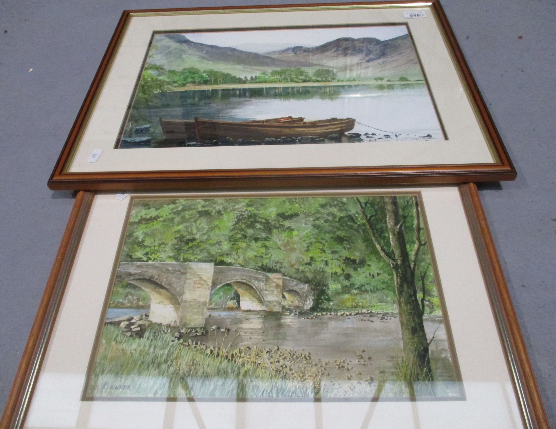 R Walker framed watercolour 'Boats on Buttermere' 30 x 42cm signed and another 'Barden Bridge' 26 x - Image 2 of 2