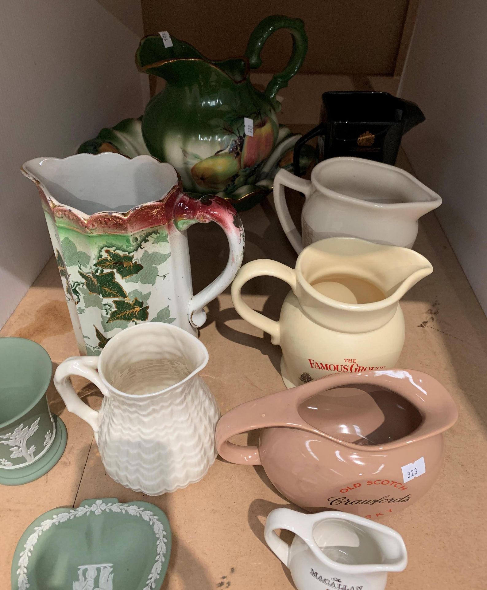 Five assorted whisky jugs, jug and bowl, Jasperware, etc.