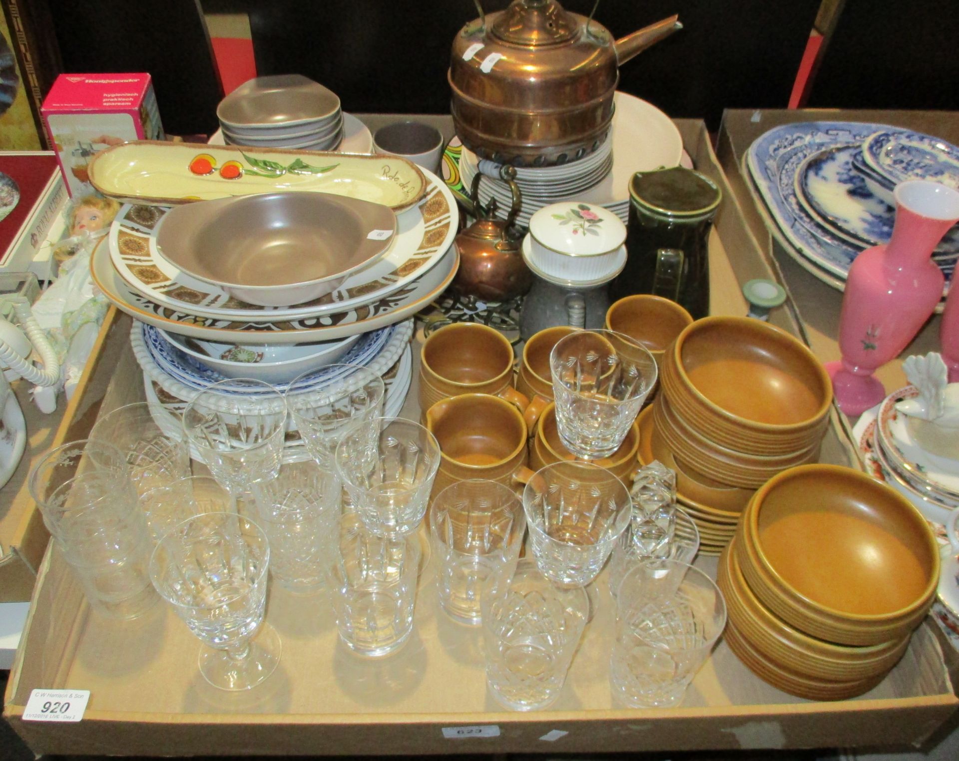 Contents to tray - two copper kettles, glassware, plateware, soup bowls,