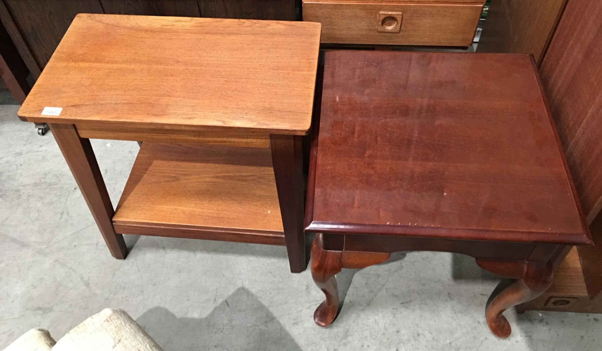 Two items - a teak side table with under shelf and mahogany finish single drawer side table