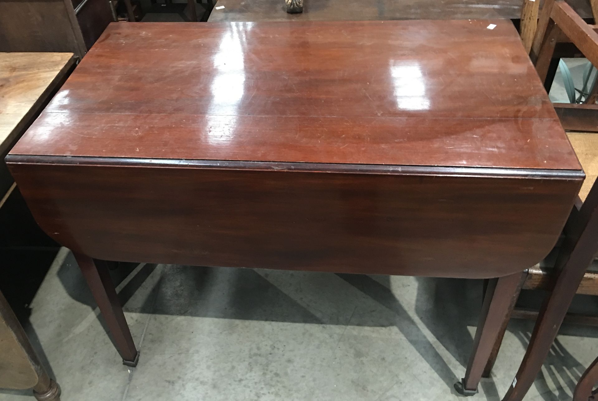 A mahogany drop leaf Pembroke table on tapered legs, with single drawer and dummy drawer, - Image 2 of 2