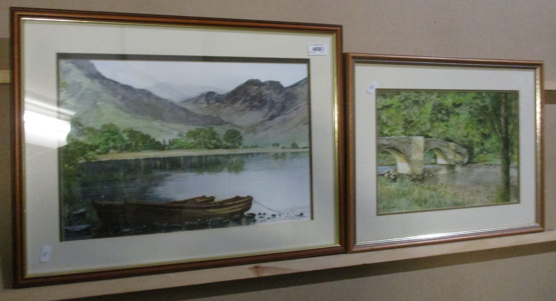 R Walker framed watercolour 'Boats on Buttermere' 30 x 42cm signed and another 'Barden Bridge' 26 x