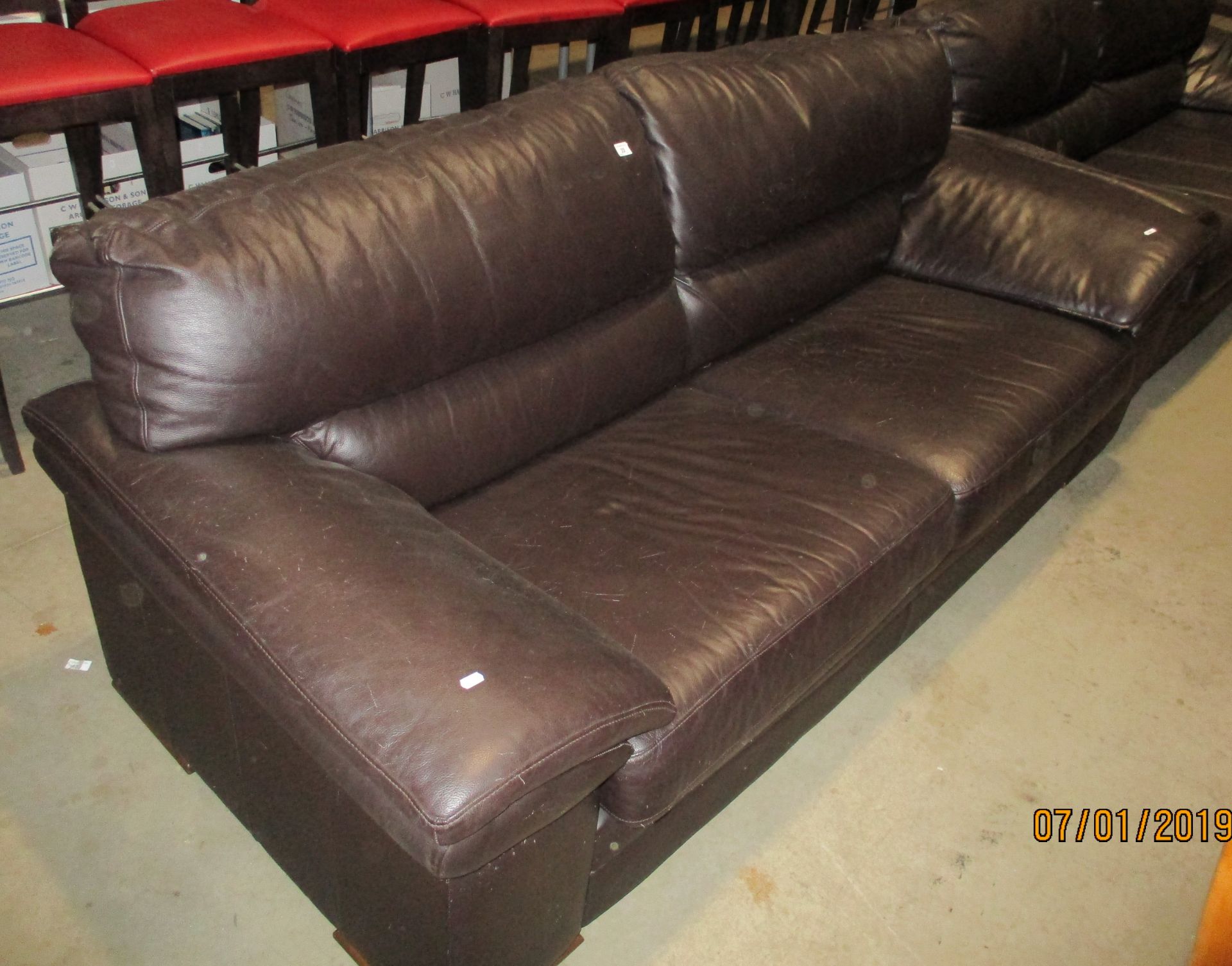 Black leather three seater settee 84"