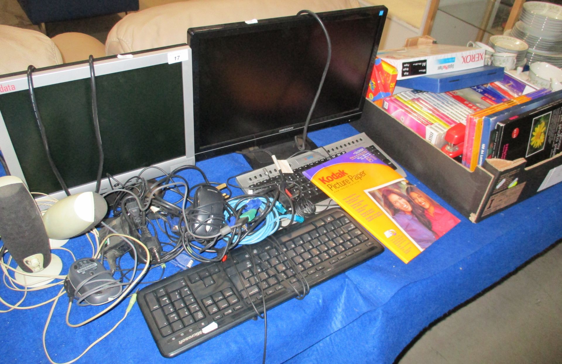 Medion 19" LCD monitor, A-data LCD monitor, keyboards, mice, DVD and RW disks,