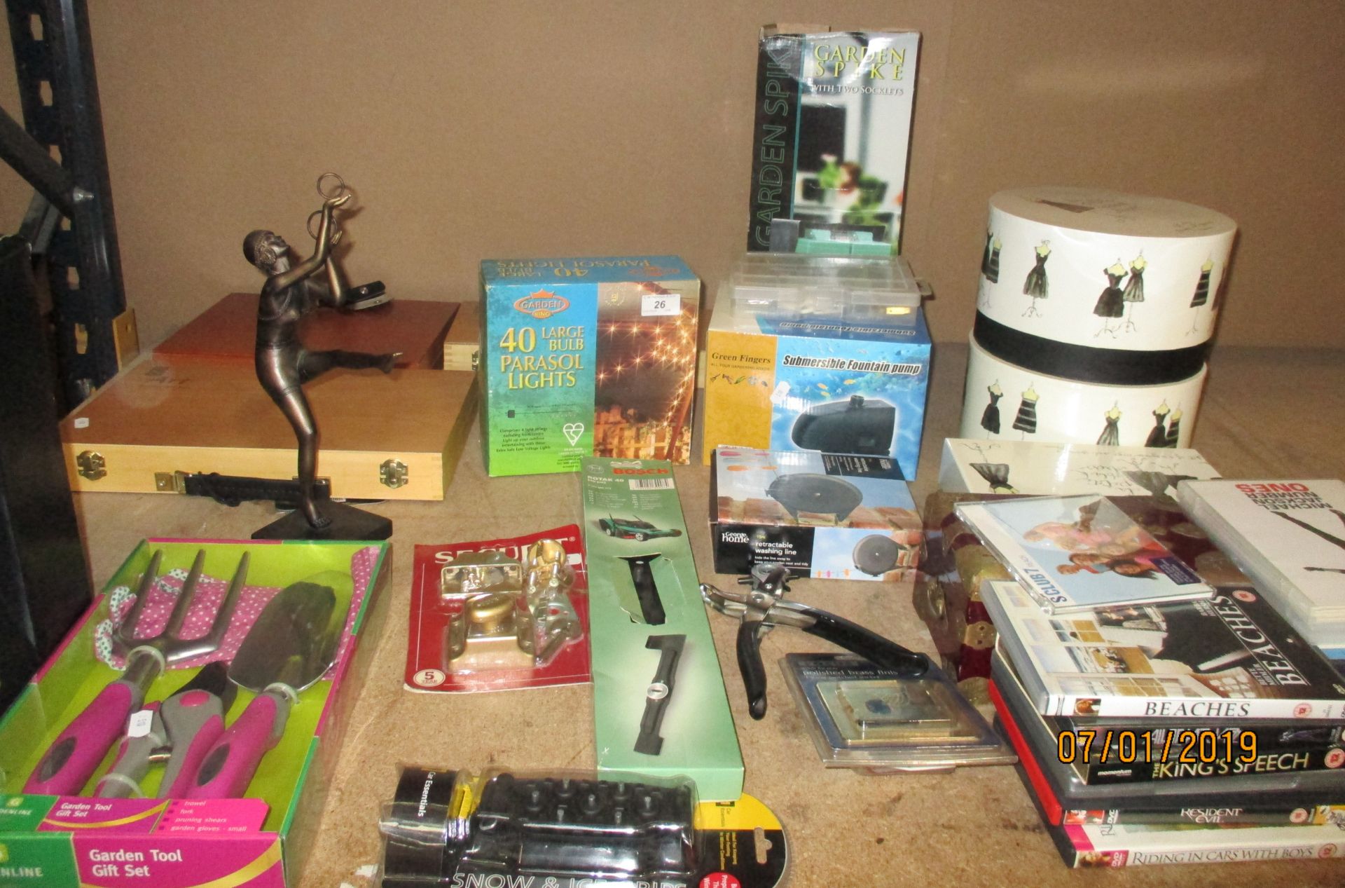 Bosch Rotak 40 lawnmower blades, Gardenline tool kit, submersible fountain pump, DVD's, mugs,