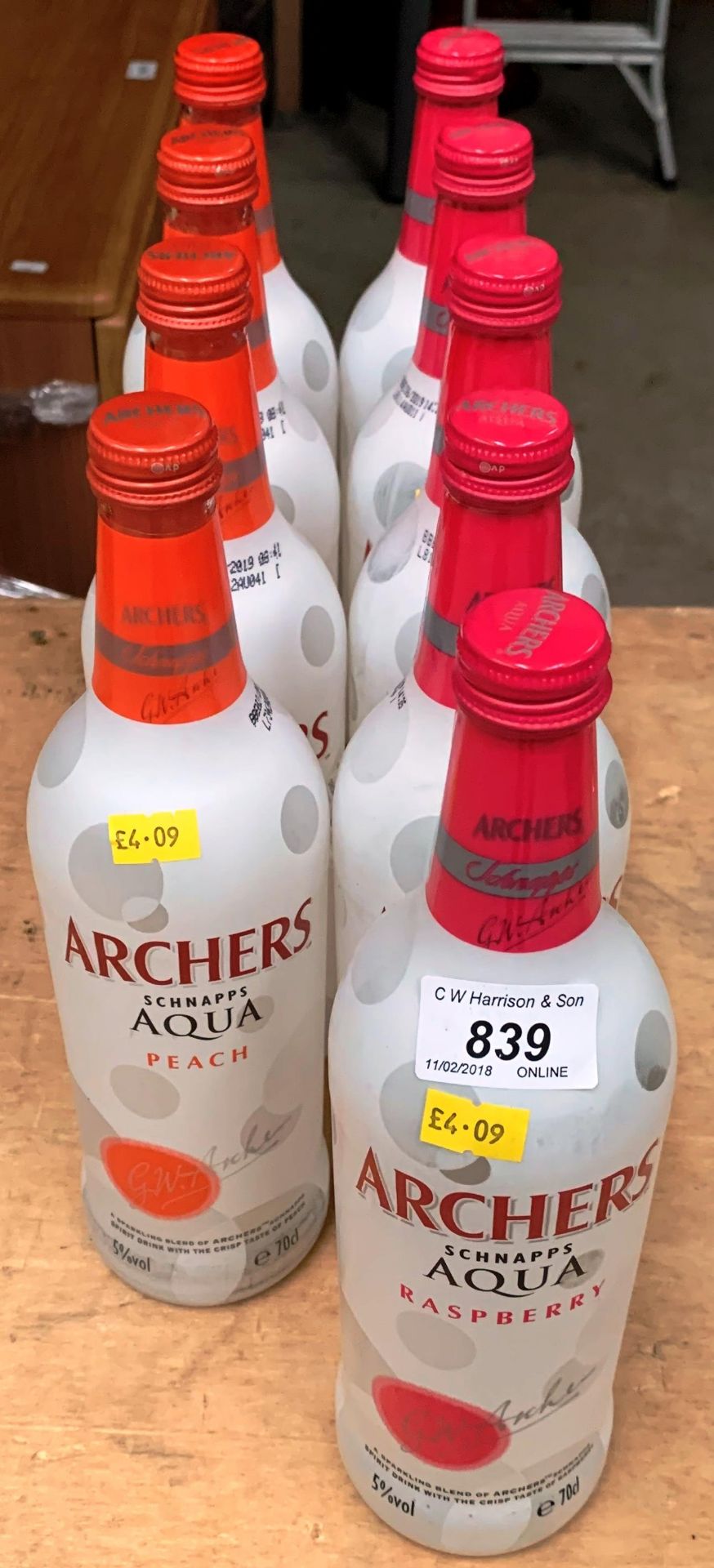 9 x 70cl bottles of Archers flavoured Schnapps - raspberry and peach