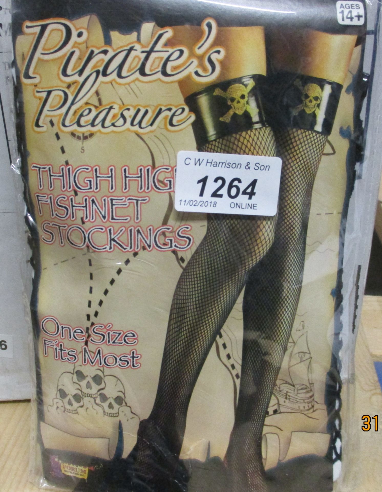 77 x pairs of Forum Novelties Pirates Pleasure thigh high fish net stockings age 14 - box not