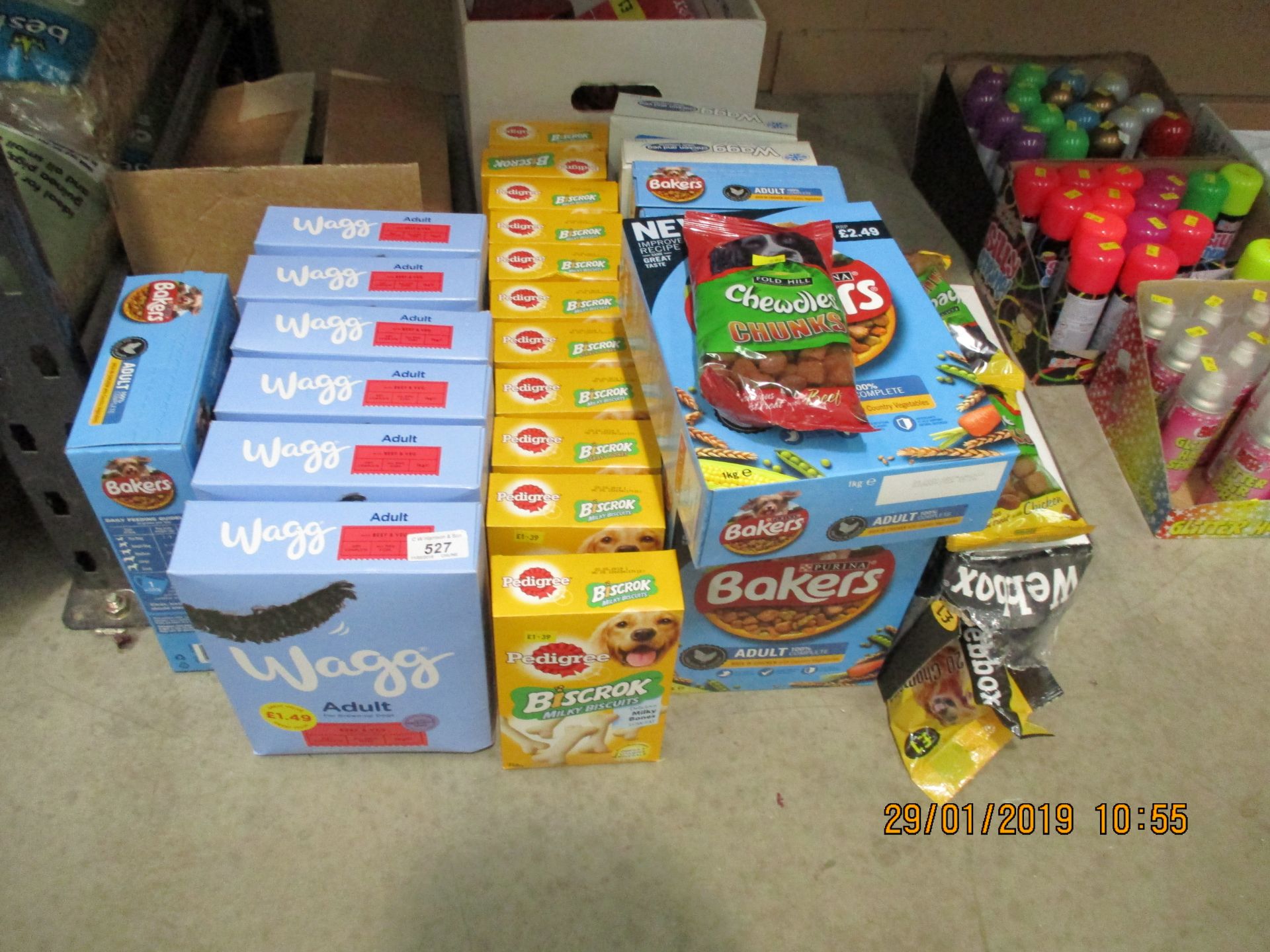 1kg boxes of Baker's dog food, 350g of Biscrok dog biscuits,