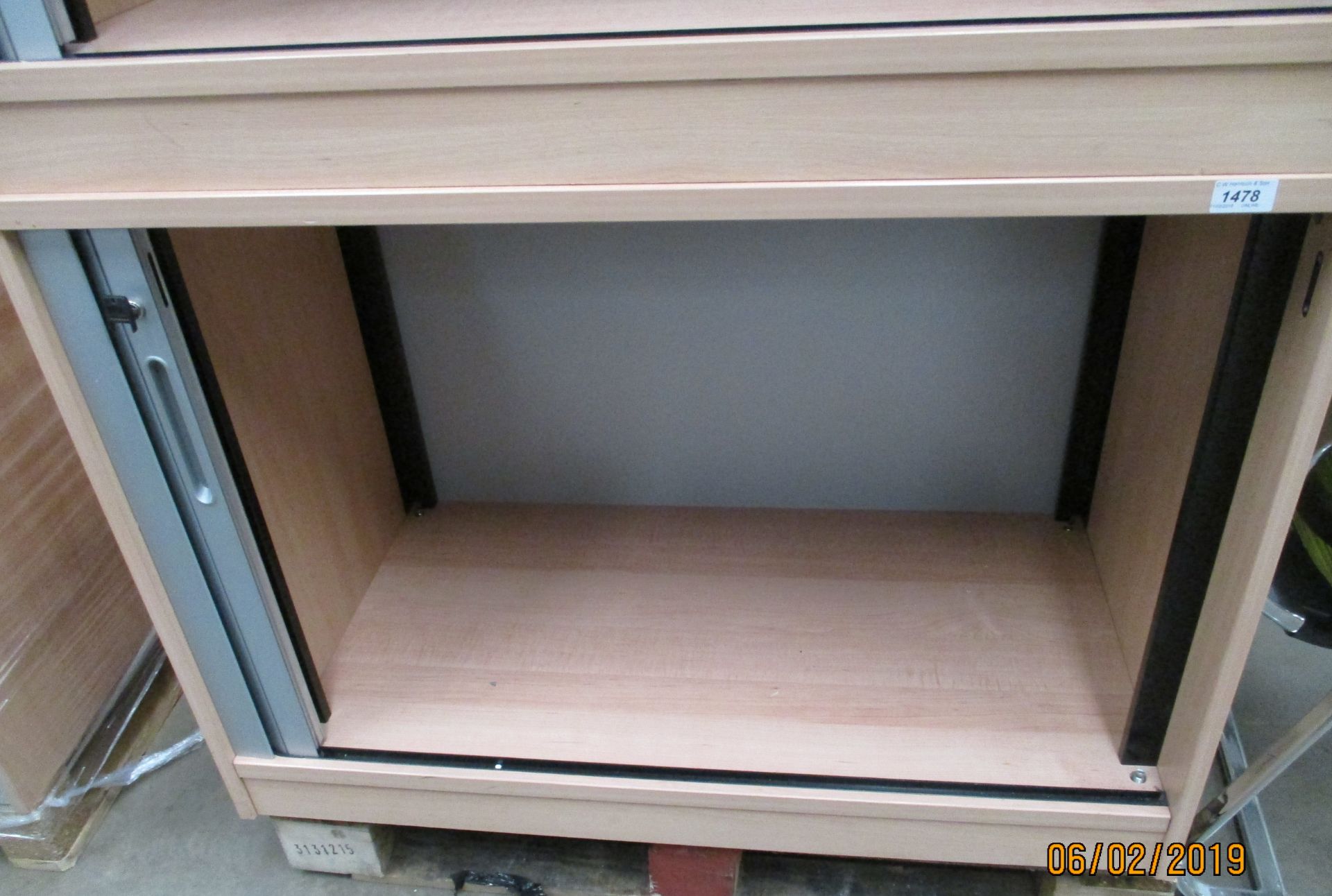 A pine finish tambour front stationery cabinet 100 x 65cm complete with key - no shelves