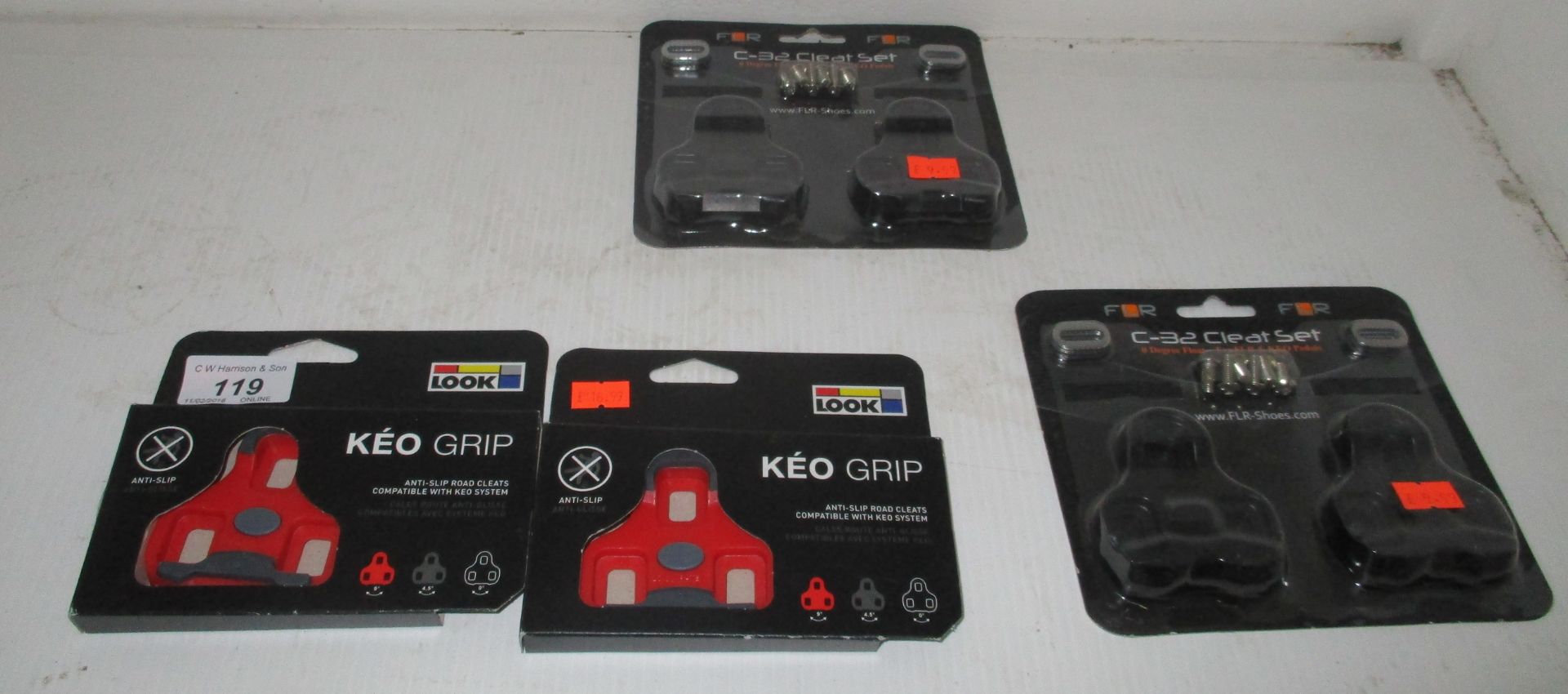 4 x items - 2 x sets of Look KEO grip anti-slip road cleats and 2 x sets of FLR C-32 cleats