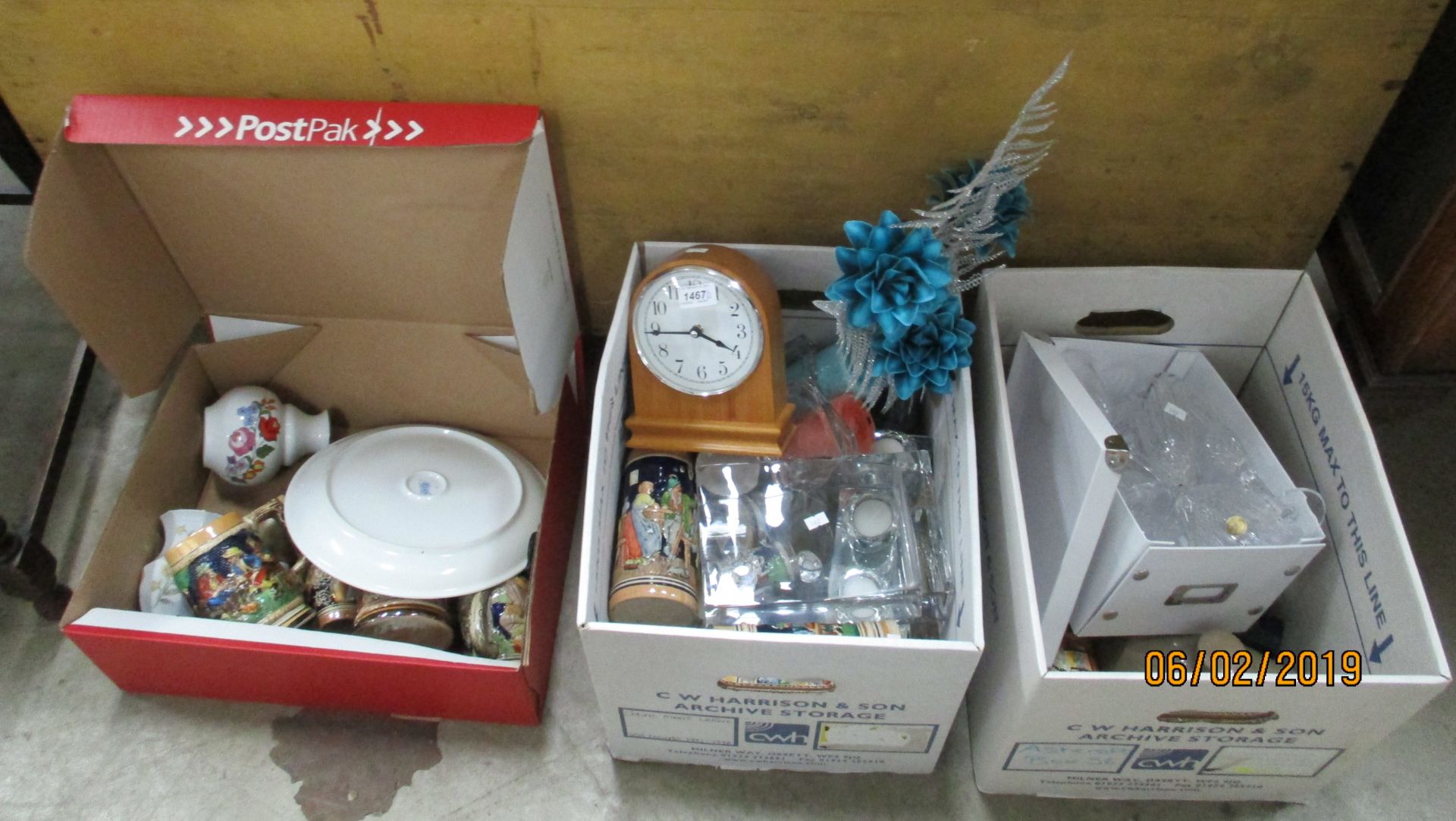 Contents to 3 boxes mantel clock, glasses, steins etc.