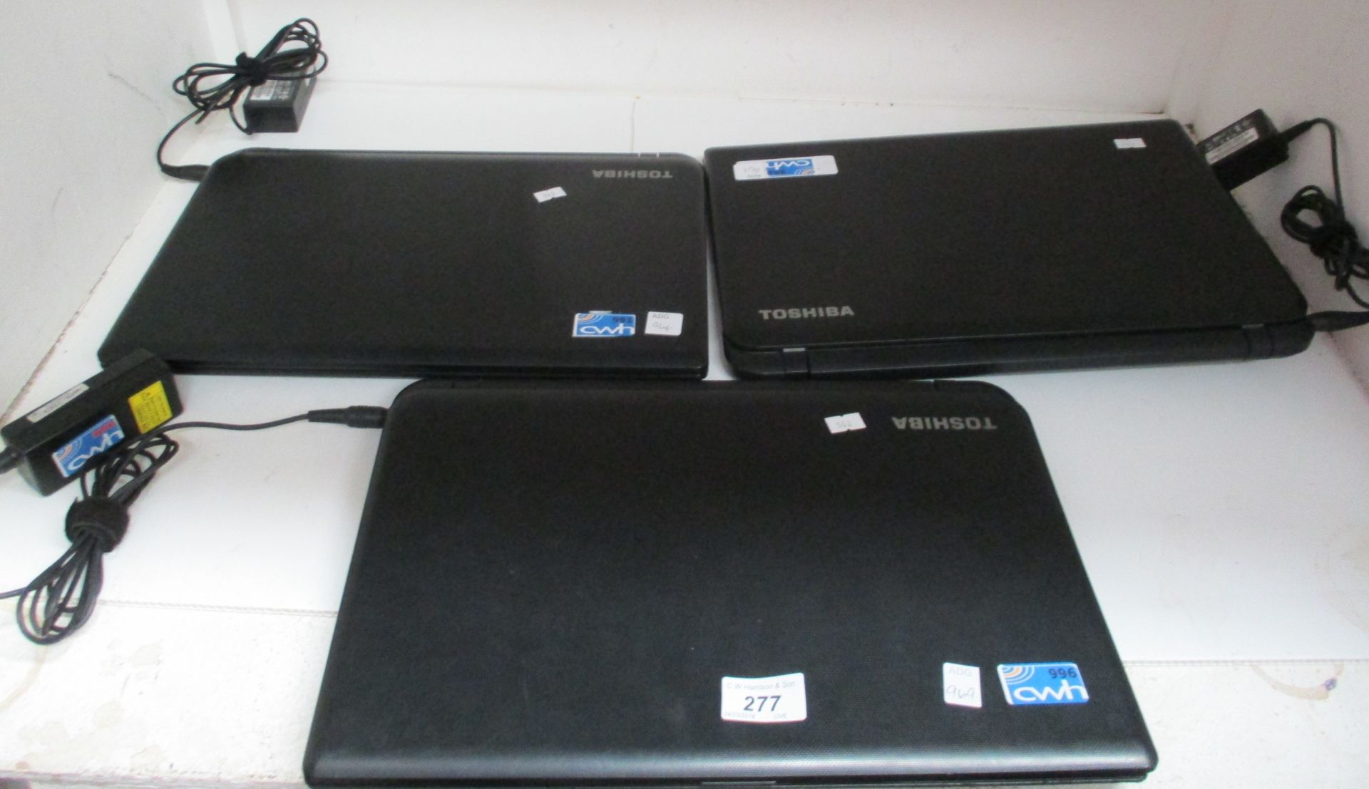 3 x Toshiba Satellite laptop computers with power adaptors
