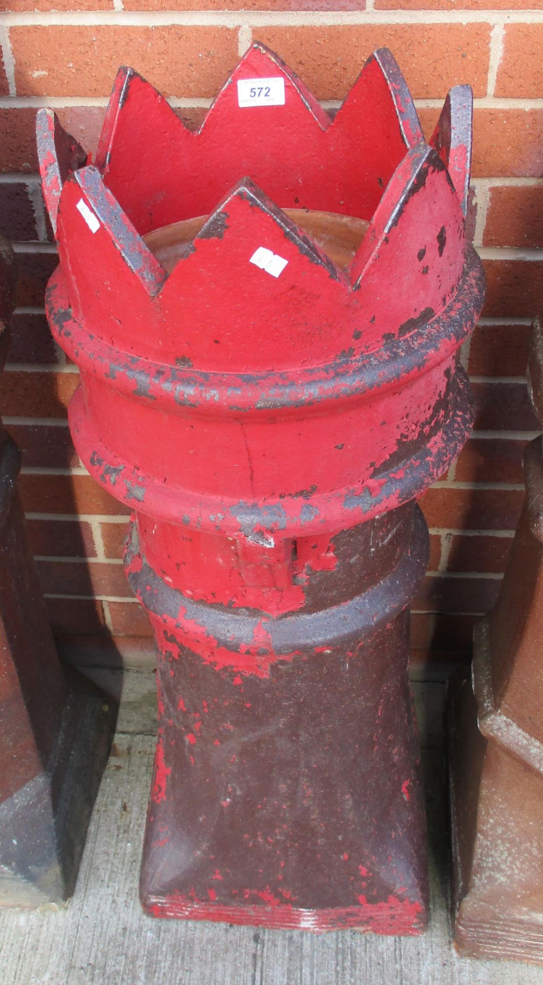 A salt glazed (painted red) crown top chimney pot 90 cm high