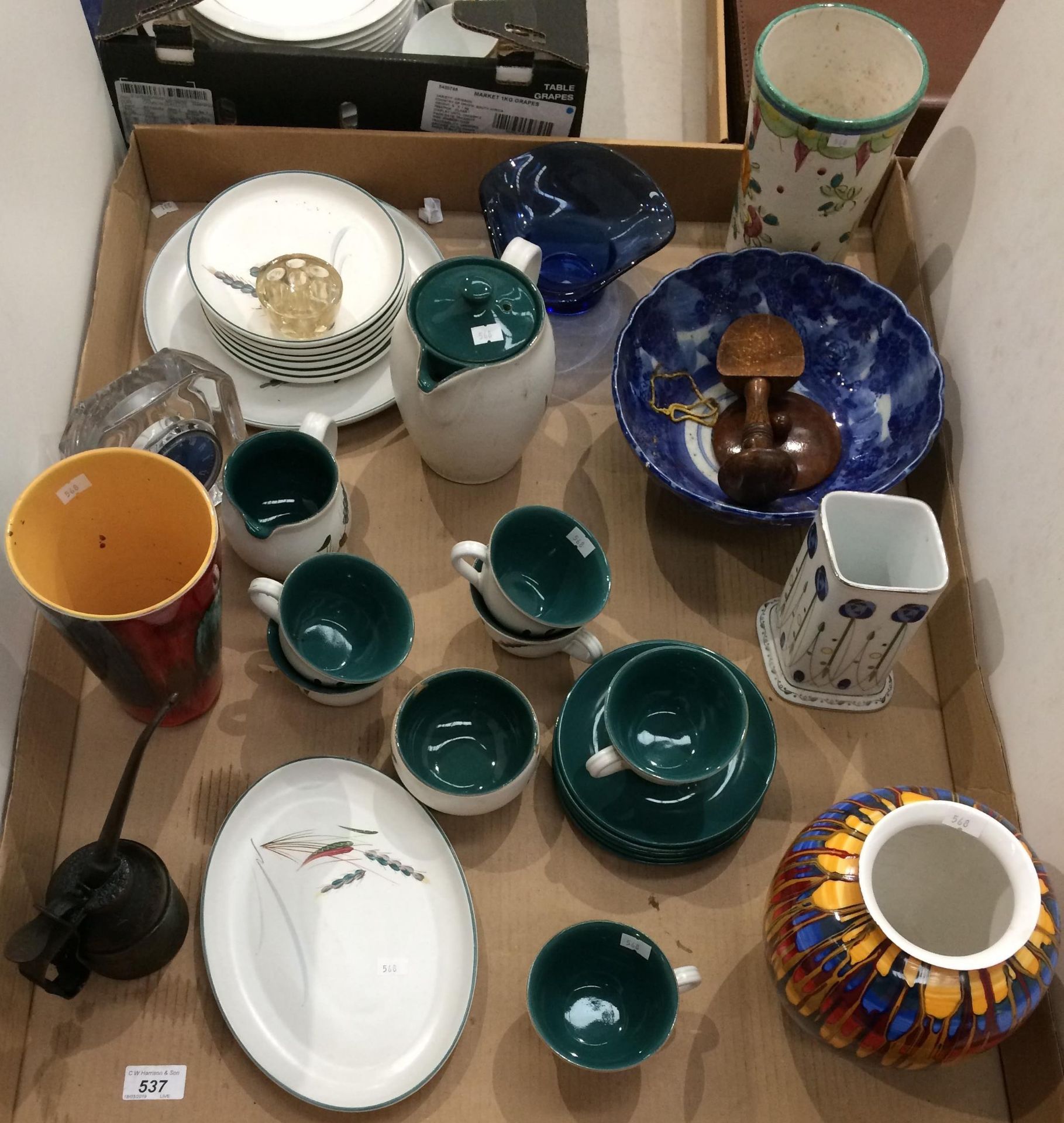 Contents to tray - Denby Greenwheat part coffee service, ornaments, Poole pottery vase,