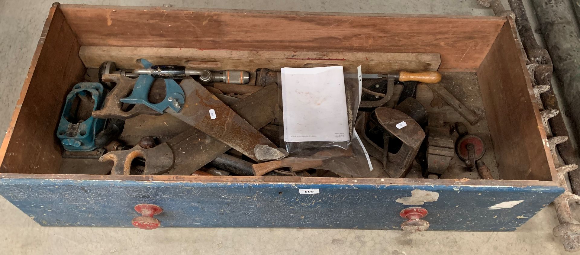 Contents to drawer - assorted tools - saws, bit and brace, last, vice etc.