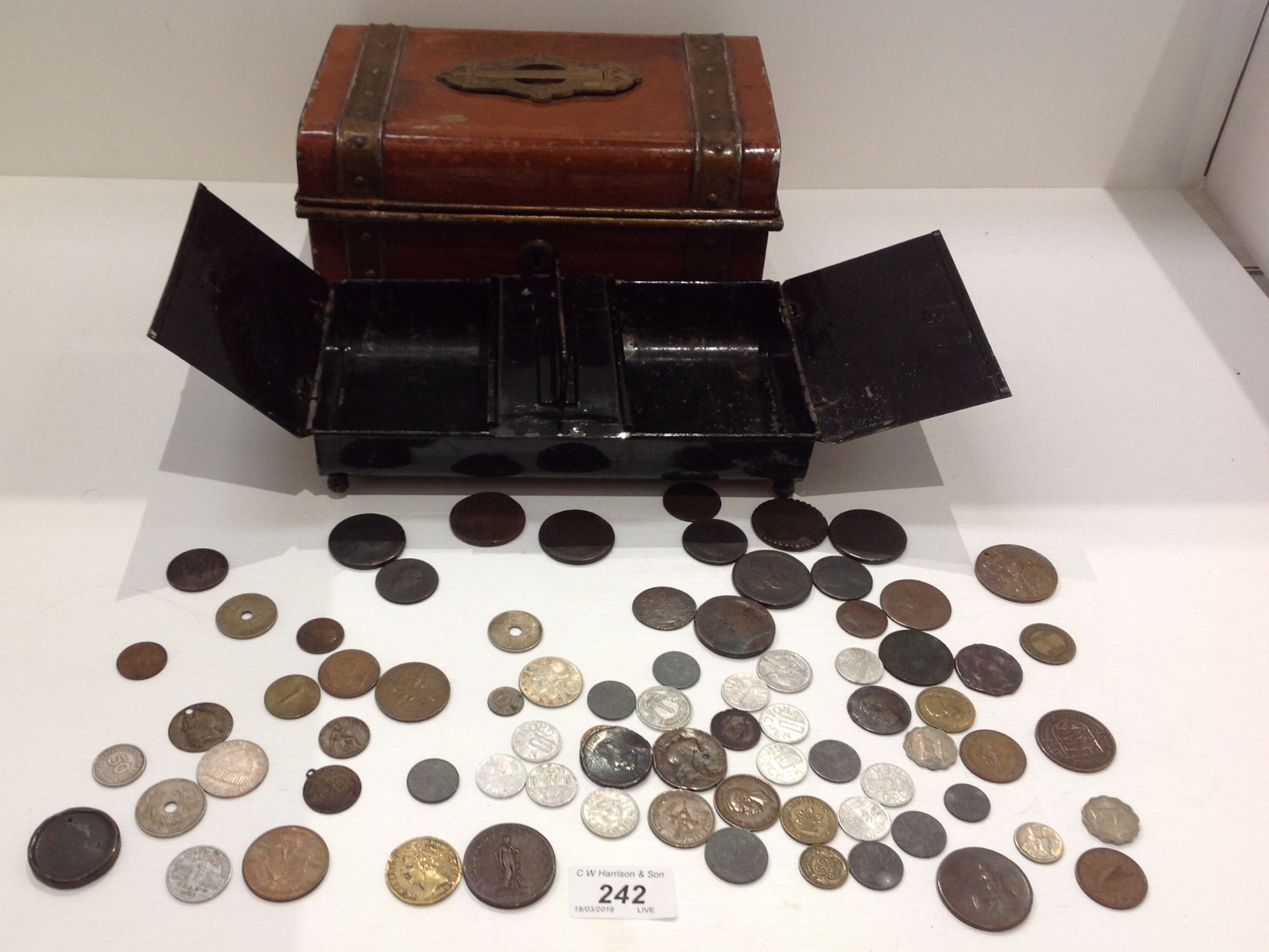 Metal coin tin and contents - Sheffield 1815 penny token, GB and world coins,