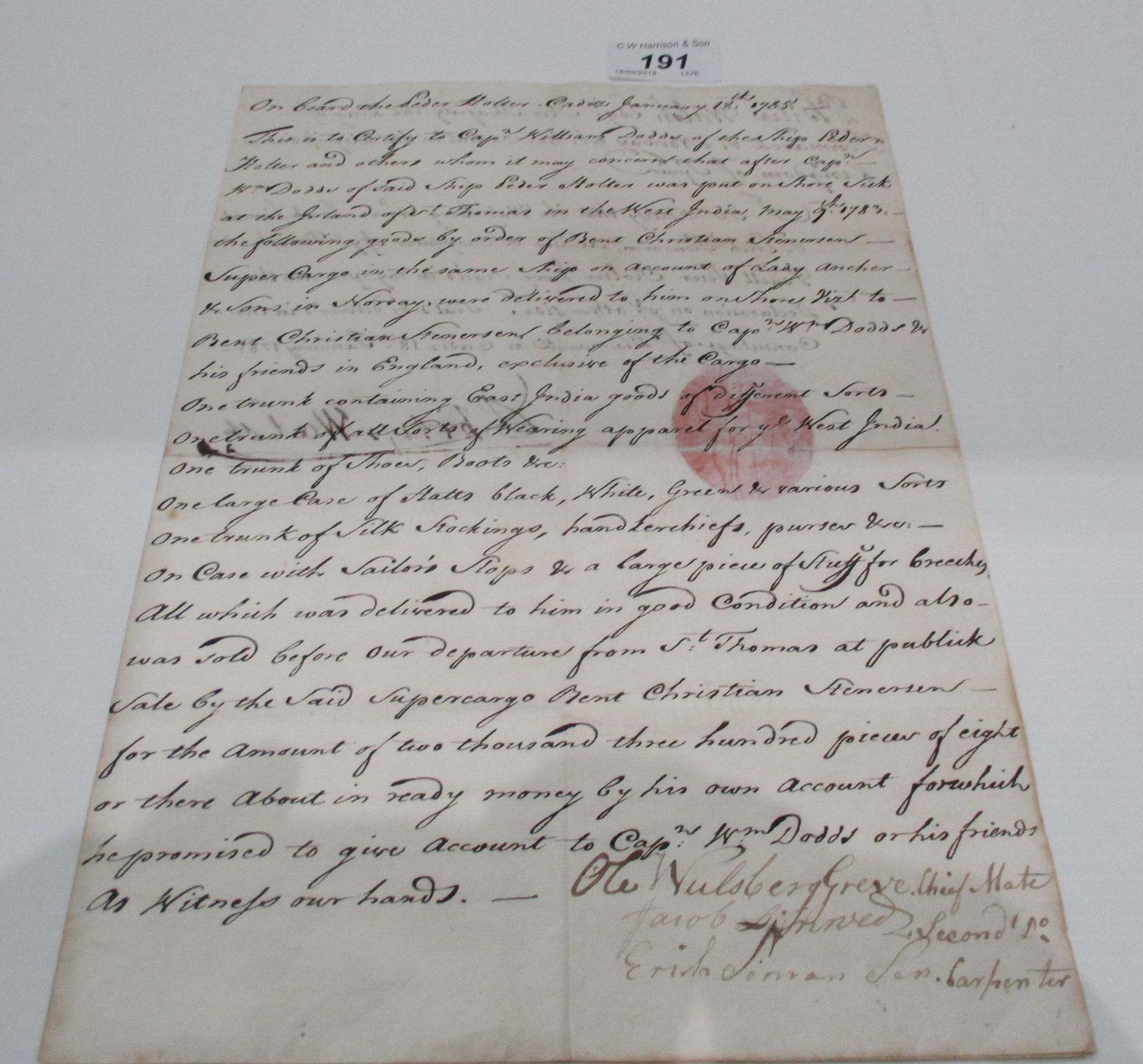 An interesting and intriguing Affidavit written aboard ship in 1785 concerning the affairs of it's