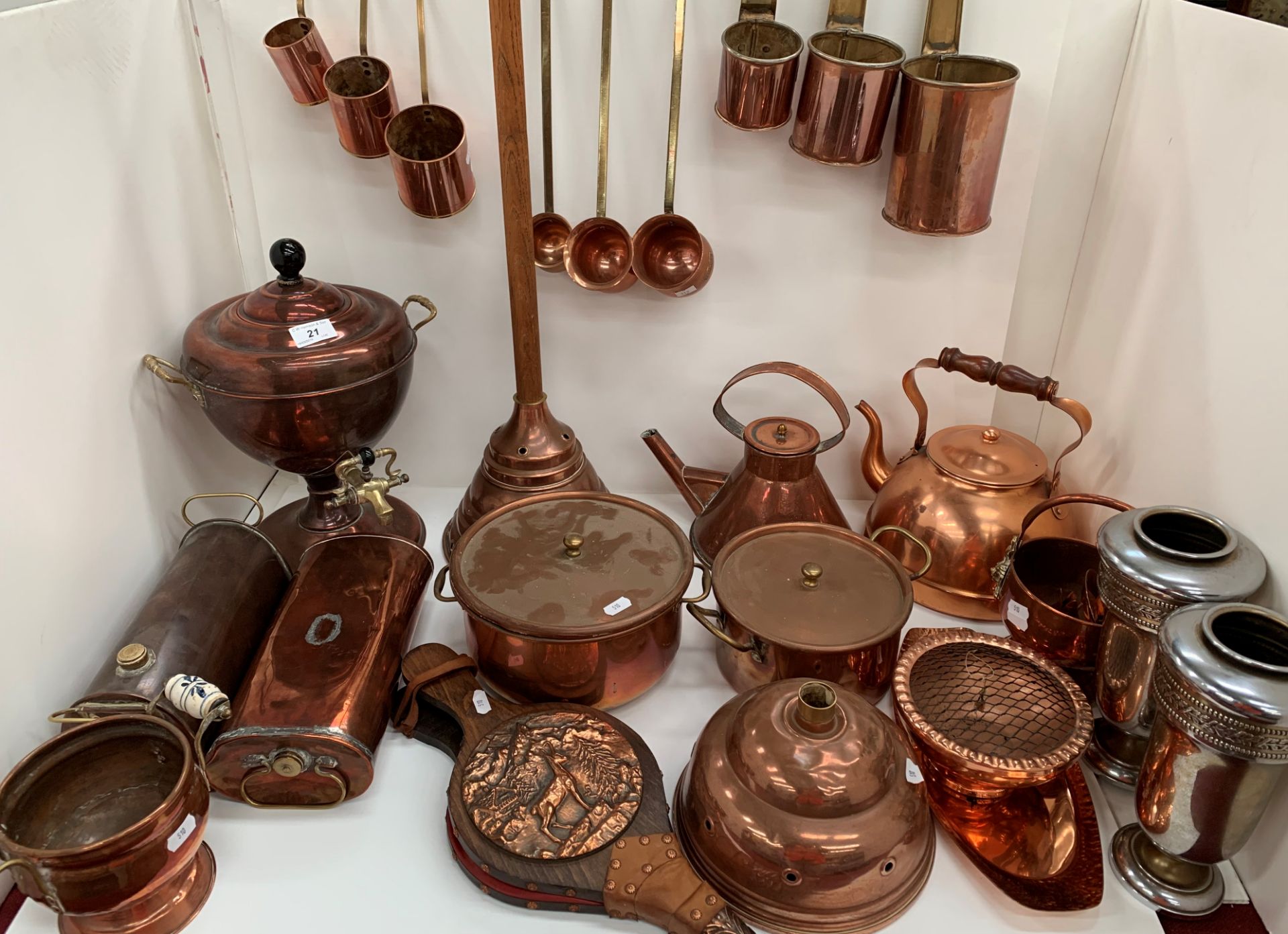 Contents to two boxes - large quantity of copper kitchenware, samovar, kettles, ale mugs,