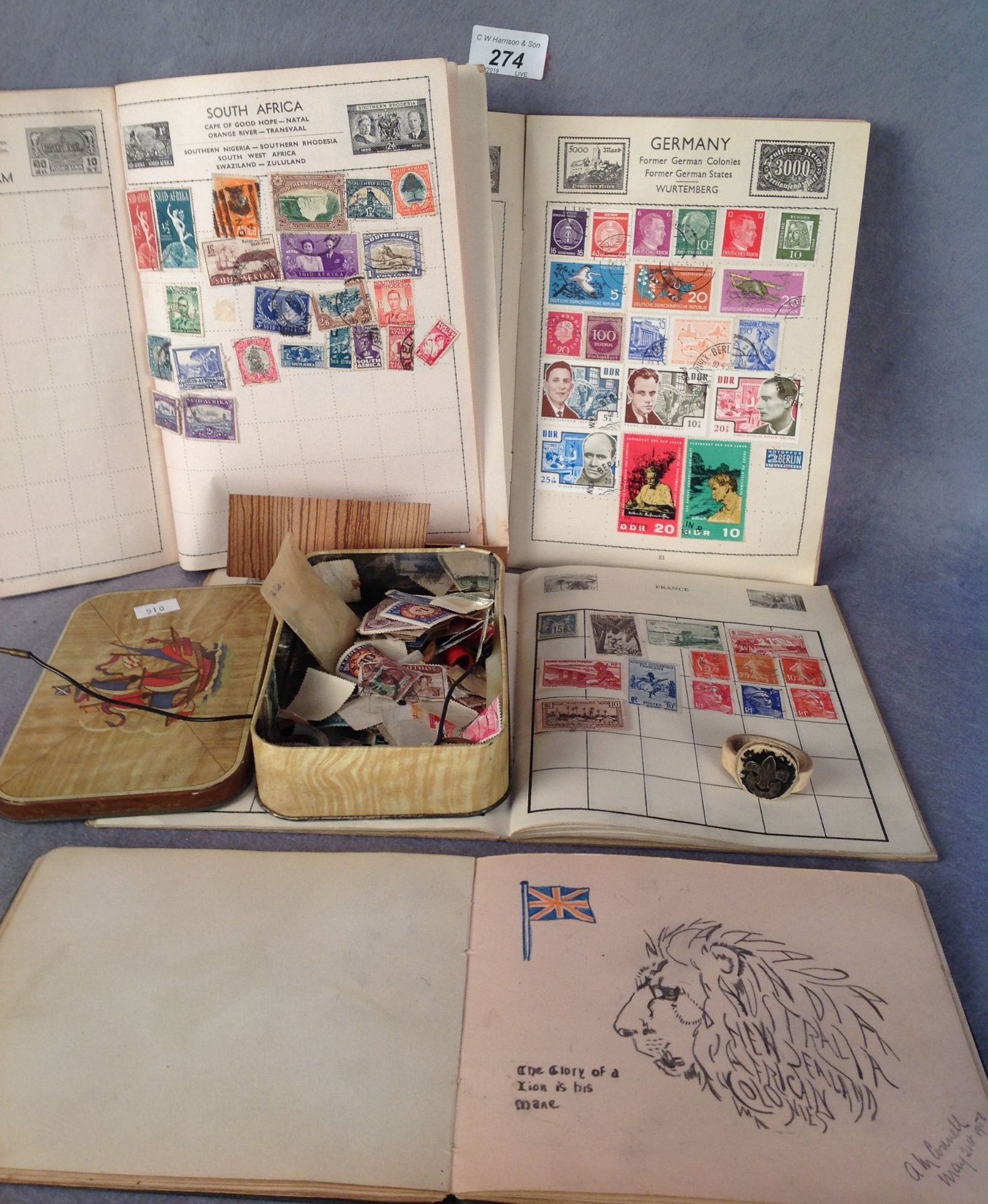 Three small starter stamp albums and contents, a tin of loose stamps,