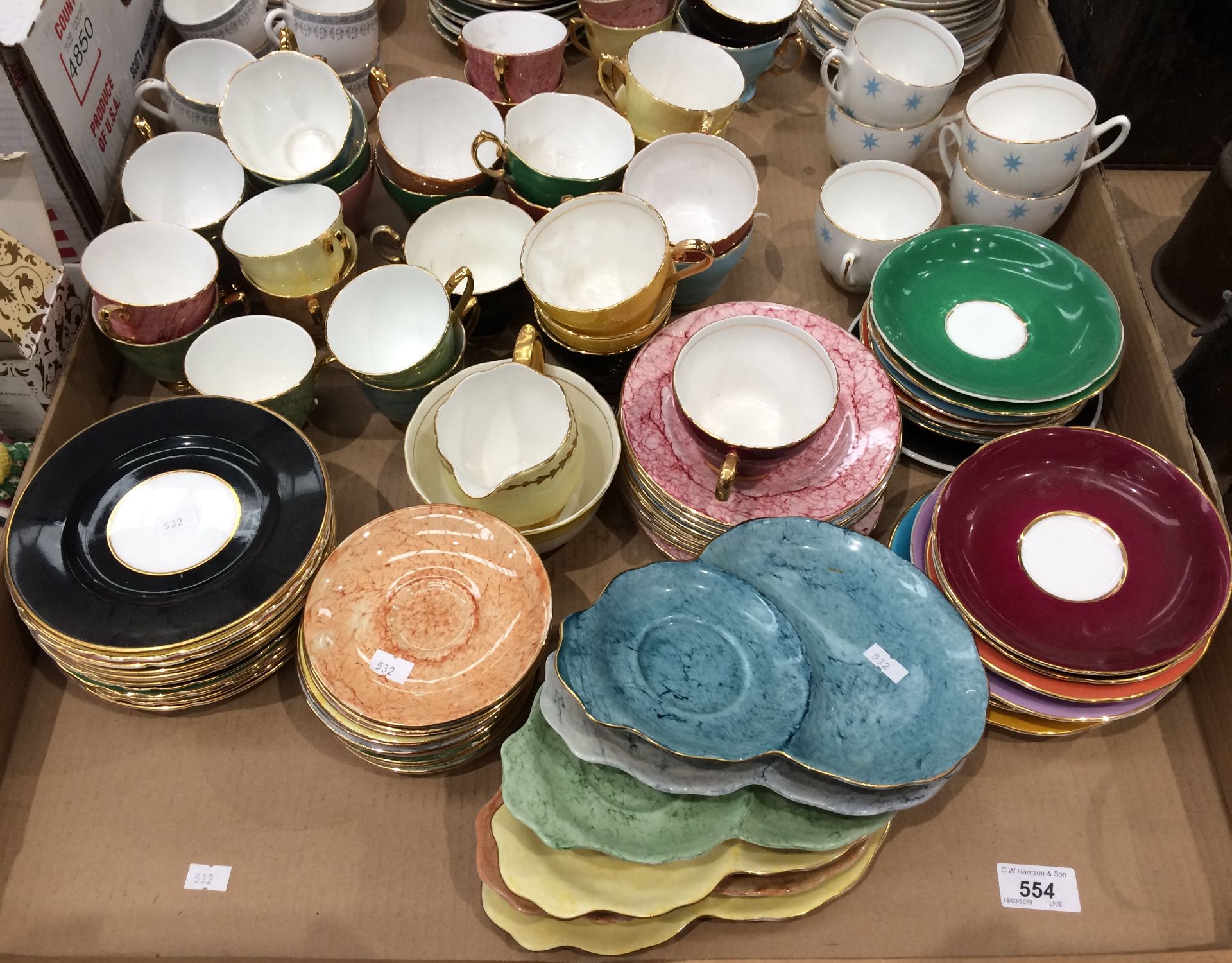 Contents to tray - Edwardian bone china cups and saucers and other cups and saucers