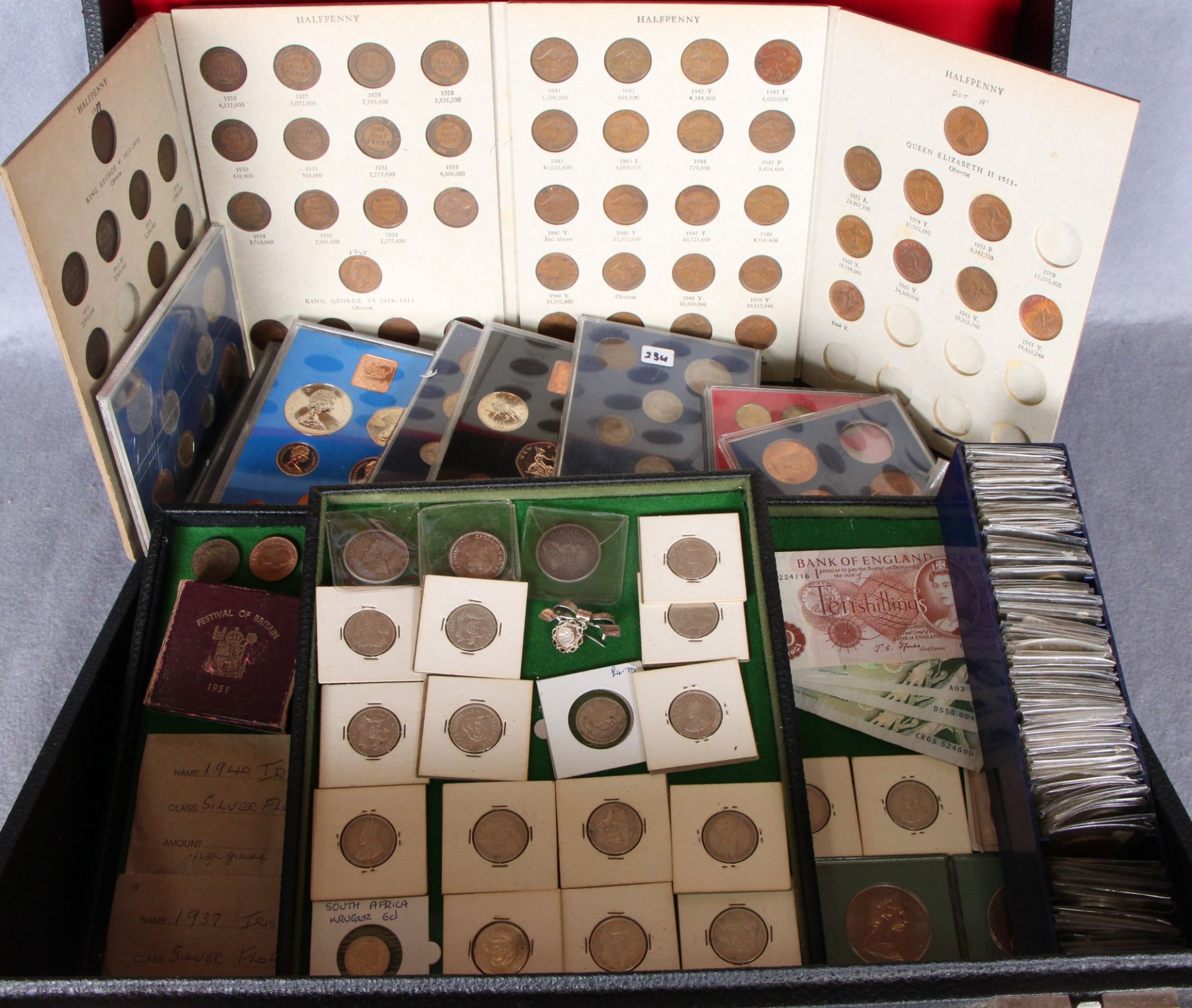 Coin suitcase and contents including silver Australian and South African coins and rare 1805