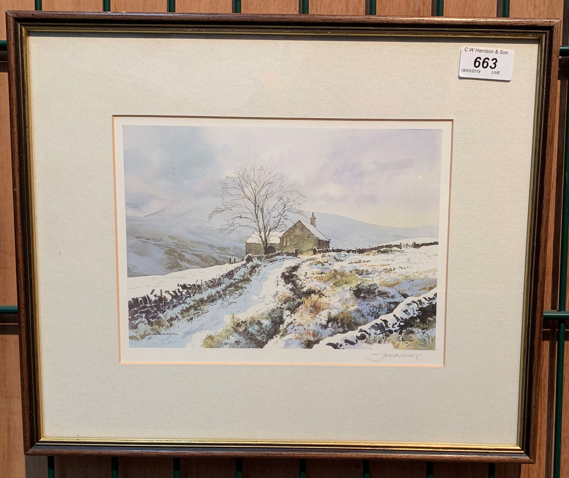 J Beaumont - small framed winter moorland scene - 18 x 26cm - signed in pencil by the artist