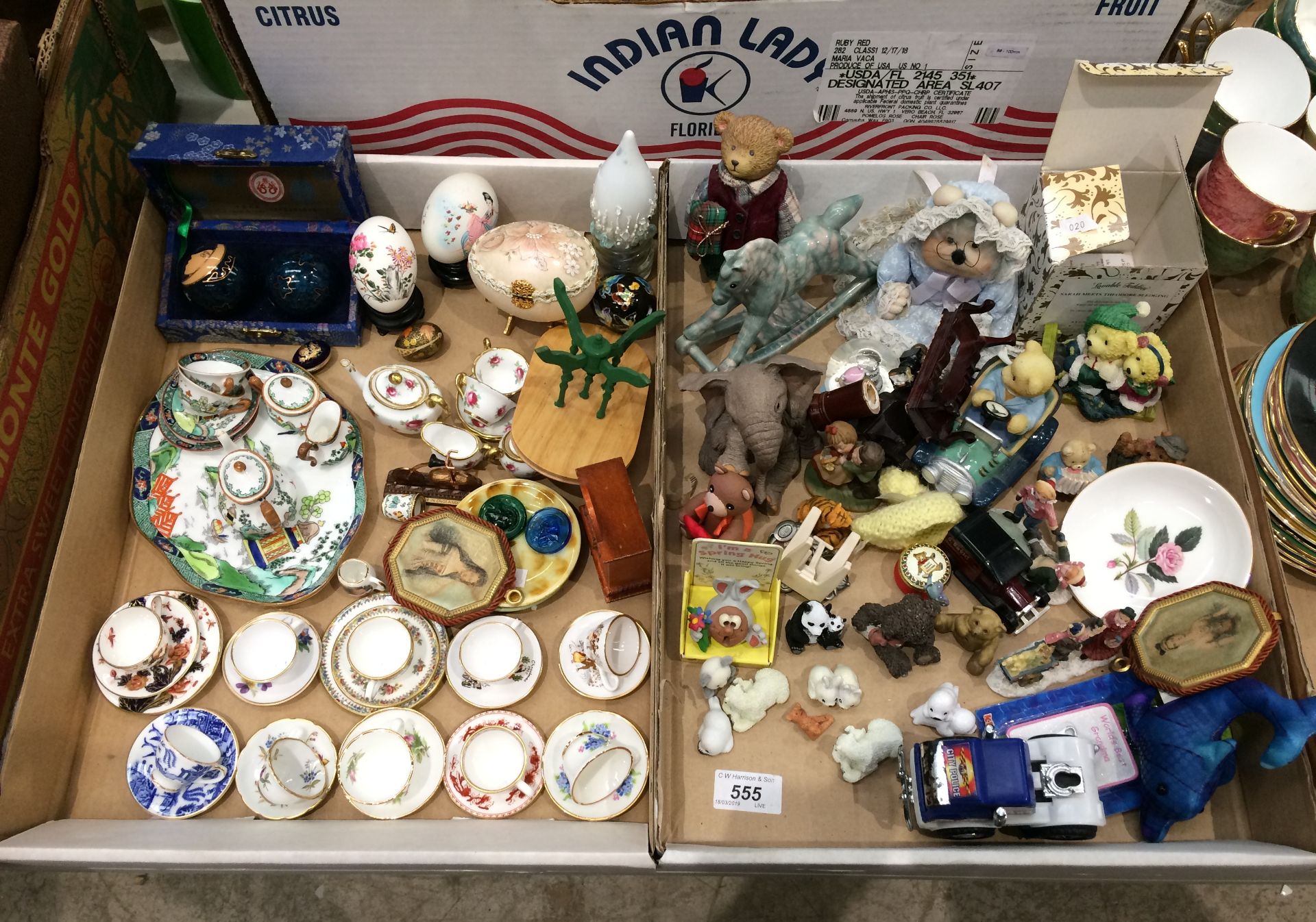 Contents to tray - miniature cups and saucers, miniature animal figurines, dolls,